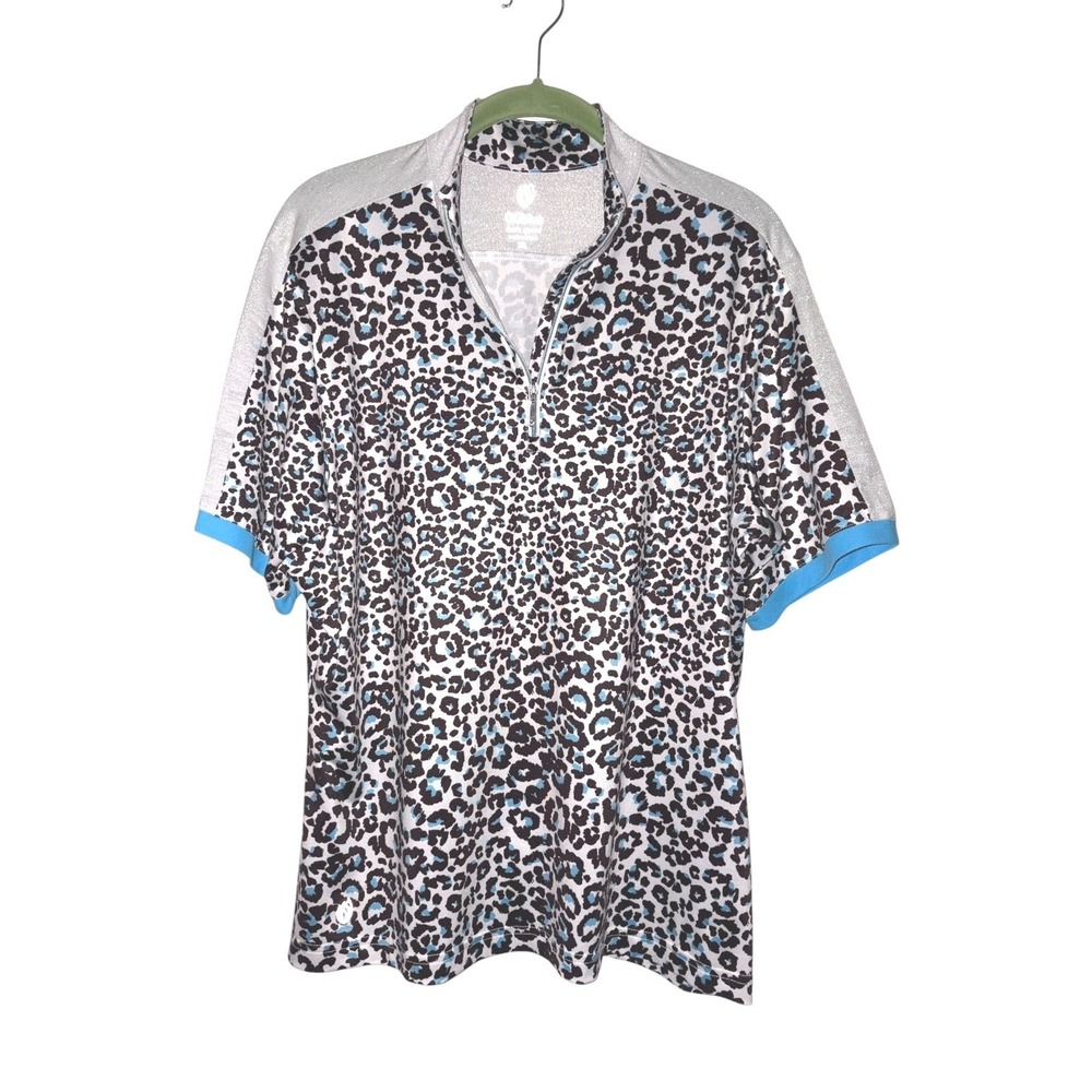 GGBLUE LUXE Sport XL Leopard Animal Print Lurex Shimmer Golf Polo Shirt Top !